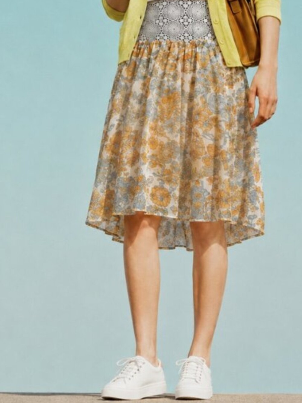 Blue Tassel Silk Chiffon Floral Midi Skirt in Mustard and Blue